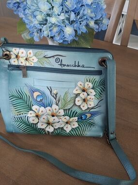 Anuschka Teal Hand-Painted Leather Crossbody Bag